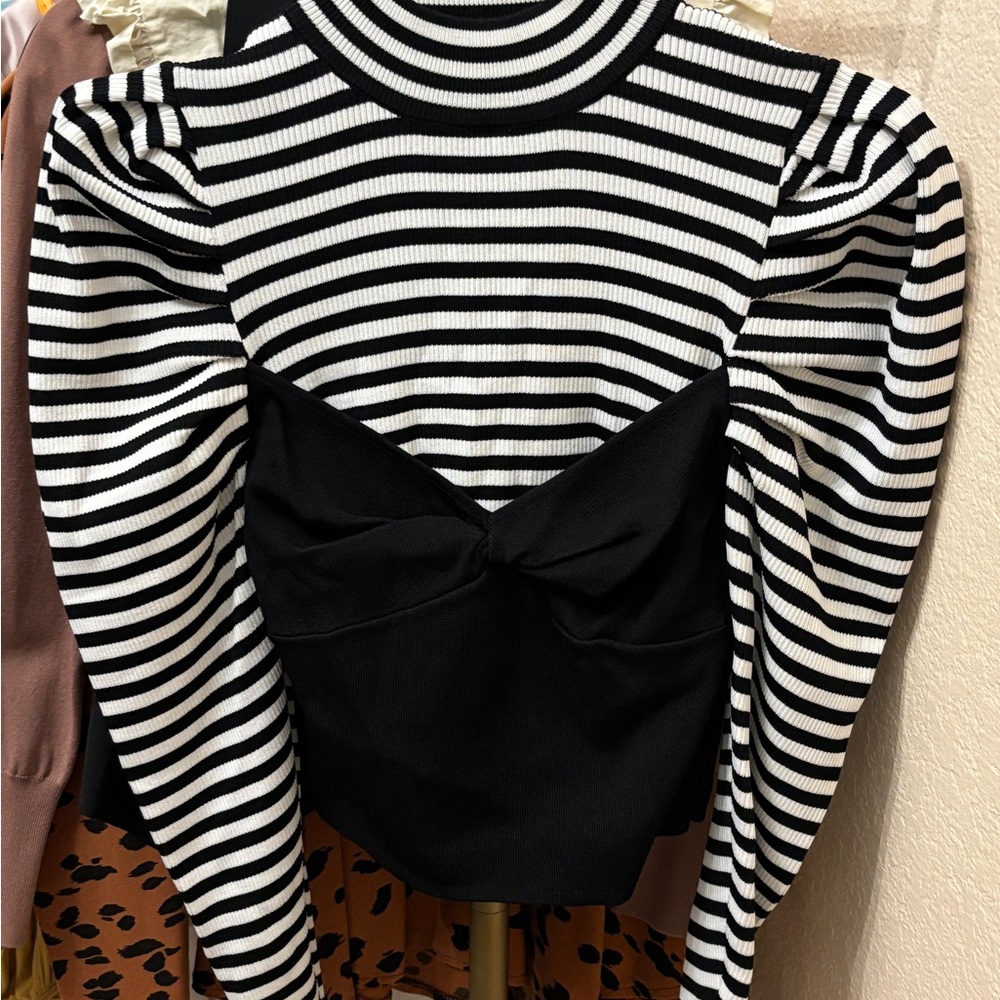 Zara Black and White Fitted Long Sleeve Blouse